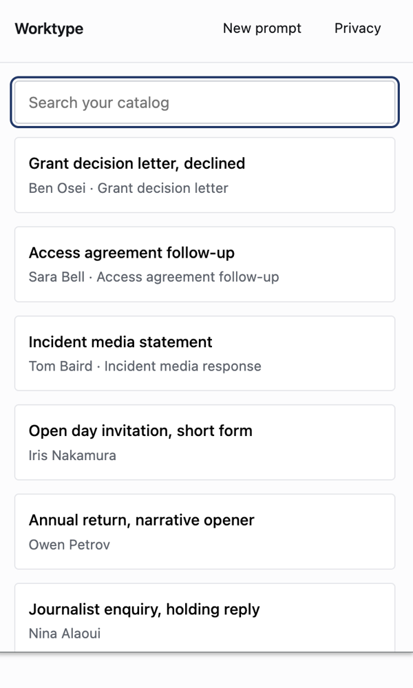 The Worktype extension open beside an AI assistant, listing standard prompts to search and copy.