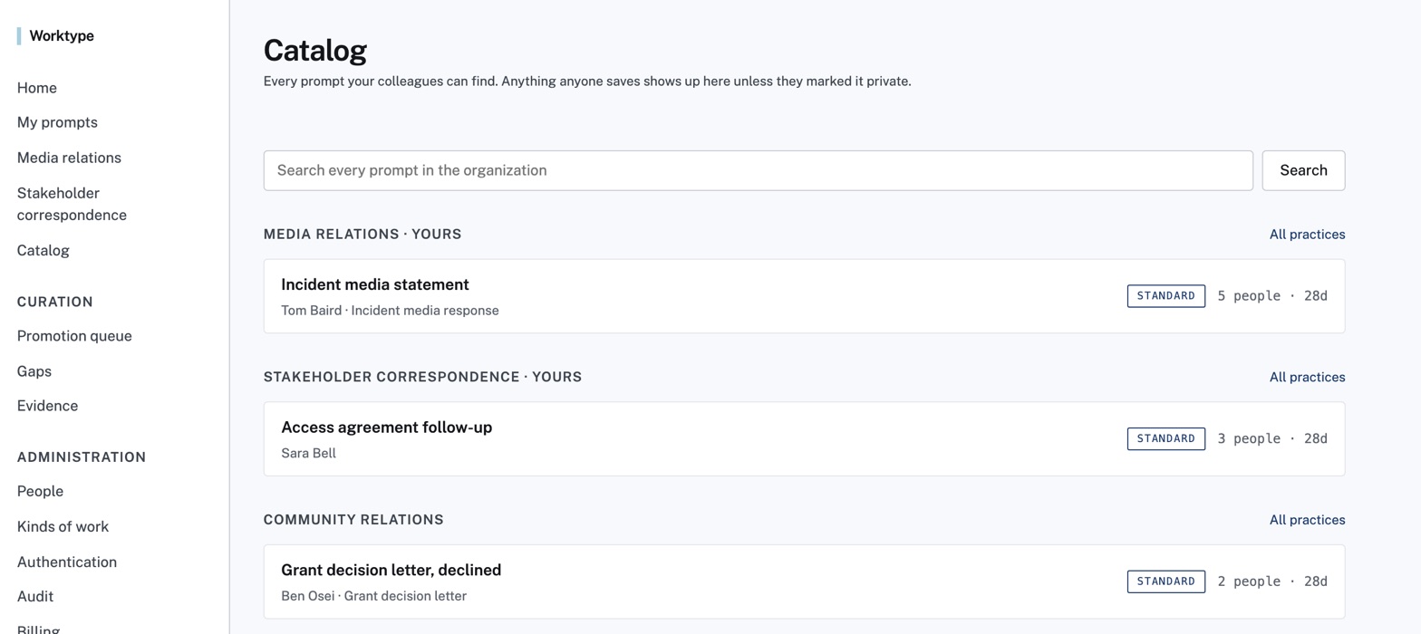 The Worktype catalog, showing saved prompts and which of them are findable by colleagues.